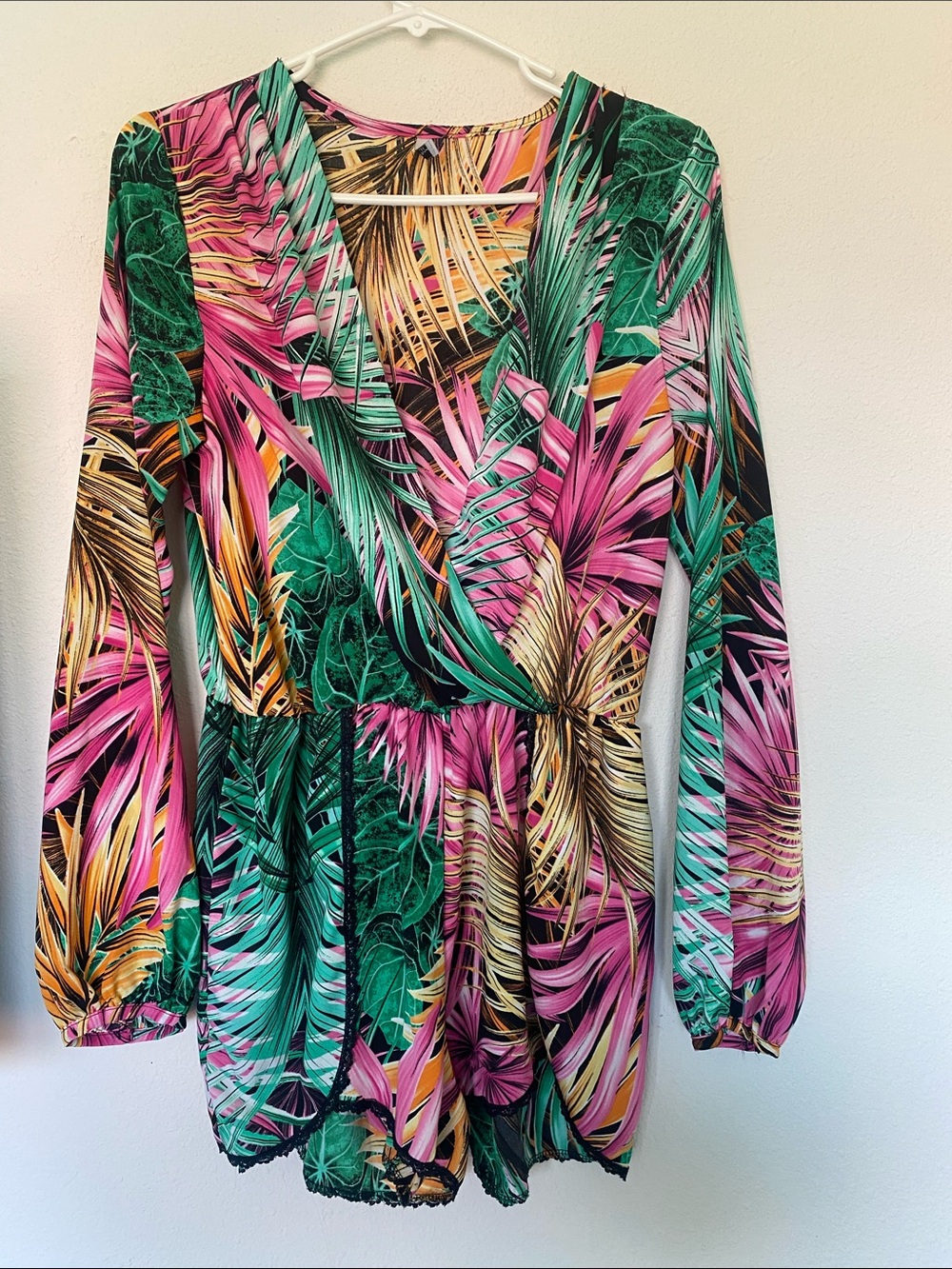 Tropical Print Long Sleeve Romper - Green, Pink & Gold